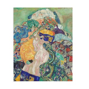 以下が含まれることがあります： グスタフ・クリムトの絵画の一部をフィーチャーしたジグソーパズル。このアートワークは、青、緑、黄、紫の色合いのカラフルな模様の生地に囲まれた、顔色の白い人物を描いています。パズルは長方形です。