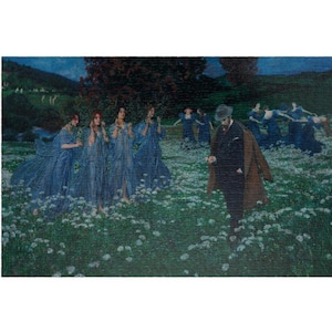 May include: A jigsaw puzzle featuring a painting of figures in flowing blue gowns and a man in a suit walking through a field of white flowers. The background shows a dark forest and a twilight sky.