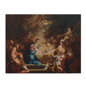 Puede incluir: Un rompecabezas con una pintura renacentista que representa la Natividad. La obra de arte muestra a María y al niño Jesús, rodeados de ángeles, pastores y otras figuras. La paleta de colores incluye azules, rojos y marrones.