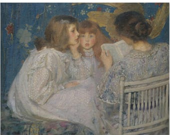 May include: A jigsaw puzzle featuring a painting of three figures. Two young girls in white dresses are listening intently to a woman reading a book. The background has a blue floral pattern.
