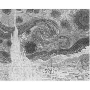 Starry Night Inverted Gray Jigsaw Puzzle (110, 252, 520, 1014-Piece), Van Gogh Unique Black and White Art Jigsaw
