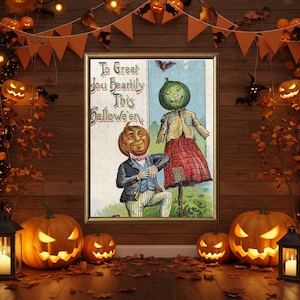 May include: A framed vintage Halloween print featuring two figures with pumpkin and watermelon heads. The print is surrounded by carved jack-o'-lanterns, lanterns, and orange decorations. The text on the print reads "To Greet You Heartily This Halloween."