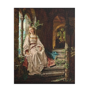 May include: A jigsaw puzzle featuring a classical painting of a woman in a white dress seated on stone steps. The woman is wearing a floral crown and is resting in a stone archway with climbing vines.