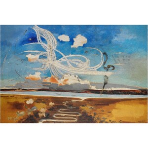 Puede incluir: Pintura abstracta de paisaje con cielo azul y formaciones de nubes blancas y estelas de condensación. El primer plano presenta un campo marrón y amarillo con un camino sinuoso y pequeñas flores blancas. Un río atraviesa el centro.