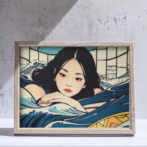 Stained Glass Wave Girl Jigsaw Puzzle (120, 252, 500-Piece), Art Nouveau Style Japanese Ocean Mosaic Jigsaw Puzzle
