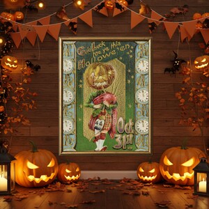 May include: A framed vintage Halloween print featuring a figure with a pumpkin head, holding a lantern. The print is surrounded by carved jack-o'-lanterns, orange bunting, and decorative lights. The text on the print reads "Good luck fae ye this Halloween" and "Oct 31st".