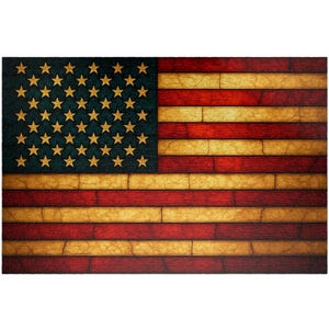 以下が含まれることがあります： 使い古されたアメリカ国旗のデザイン。旗は、金色の星と交互の赤と金のストライプが付いた青いフィールドを特徴としています。デザインは、レンガのような質感で、風化したヴィンテージの外観をしています。