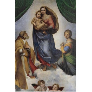 Puede incluir: Una pintura de estilo renacentista que representa a la Virgen María sosteniendo al Niño Jesús, rodeada de figuras y querubines. María viste una túnica azul y una prenda roja. Las figuras se sitúan sobre un fondo nublado.