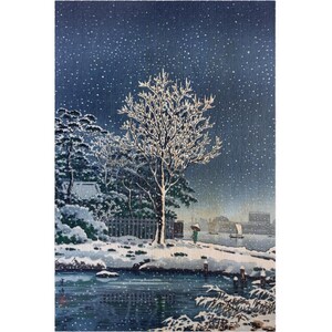 May include: A winter landscape print featuring a snow-covered shoreline and a tree with bare, white branches. The artwork depicts a serene scene with a dark blue sky filled with falling snow, a river, and a person with an umbrella.