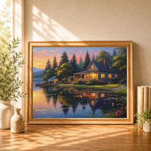 以下が含まれることがあります： 夕暮れ時の湖畔の小屋を描いた額入り風景画。窓が明るく照らされた家、背の高い松の木、水面に映る景色が特徴です。空はオレンジ、ピンク、青の色合いで描かれており、小さなボートが浮かんでいます。