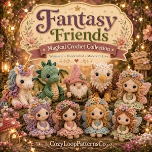 May include: A collection of crochet figures including a unicorn, dragon, gnome, griffin, and several fairies with floral crowns. The background features a sign reading Fantasy Friends Magical Crochet Collection and CozyLoopPatternsCo.