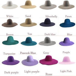 Puede incluir: Una colección de sombreros de ala ancha en varios colores, incluyendo blanco, arena, plateado y leonado. Otros colores incluyen marrón, beige, azul oscuro, azul, turquesa, azul pavo real, gris, morado, morado oscuro, lila, rosa y rosa claro.