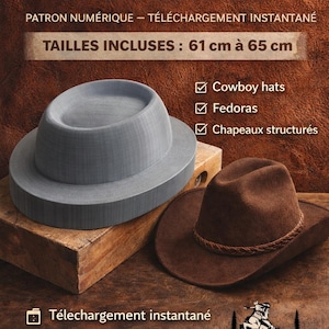 May include: A gray hat block and a brown cowboy hat are displayed on a wooden surface. The text on the image reads "OVAL STANDARD" and "Cowboy hats, Fedoras, Structured hats". The hat block sizes range from 24 inches to 25.6 inches.