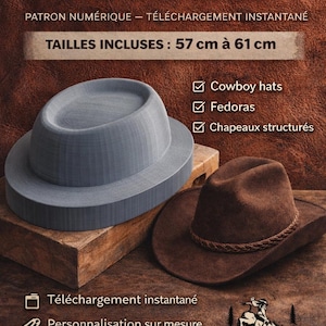 Könnte beinhalten: Werbung für Hutblöcke, mit einem grauen Hutblock und einem braunen Cowboyhut. Der Text lautet "OVAL STANDARD" und "Größen enthalten: 57 cm bis 61 cm". Das Bild listet auch "Cowboyhüte", "Fedoras" und "Strukturierte Hüte".