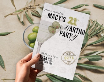 Invitación de cumpleaños con temática de Martini / Descarga digital editable en Canva