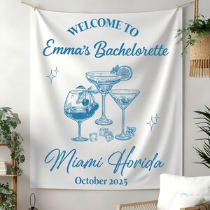 Striscione personalizzato per addio al nubilato - Cartello di benvenuto a tema cocktail - Arazzo personalizzato per il weekend a Miami, per viaggio di nozze o festa in spiaggia