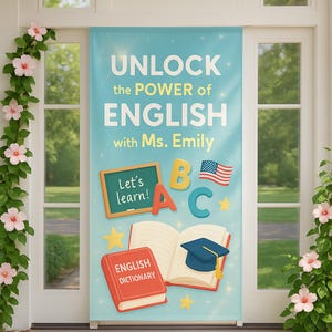 Individuell angefertigte Englischlehrer Geschenkbanner - Unlock the Power of English Türschild, Back to School Klassenzimmer Dekor, Namensbildung Wandposter