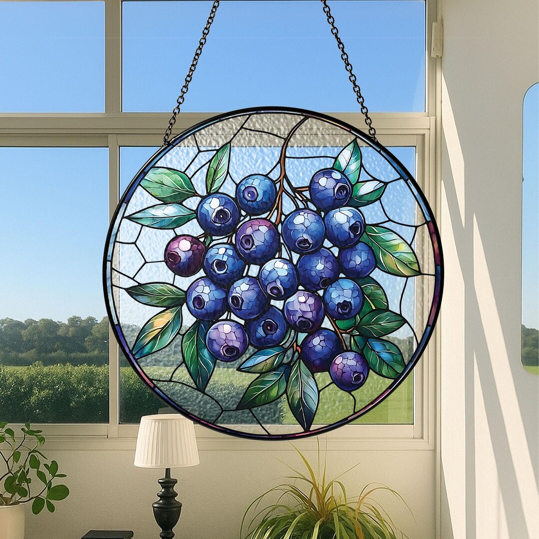 Small Berry Window Rings Blueberry Stained Glass Suncatcher – Round Fruit Window Panel With ...