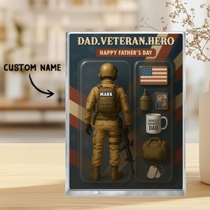 Placa acrílica 2D con figura de héroe militar y nombre personalizado para papá, regalo personalizado para el Día del Padre, cumpleaños, homenaje y recuerdo patriótico.