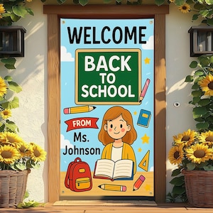 Striscione personalizzato di benvenuto a scuola - Cartello personalizzato per insegnanti per l'ingresso in classe - Simpatico poster con cartoni animati e nome e materiale scolastico