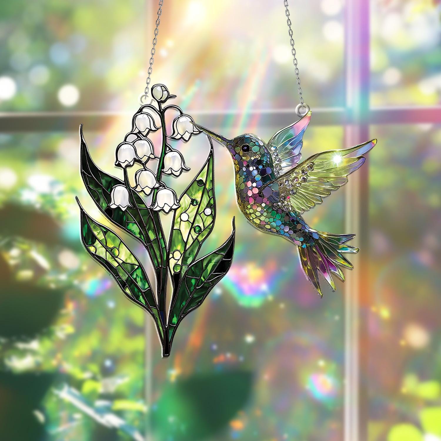 Acrylic 2D Flat Sparkling Hummingbird and Lily of the Valley Window ...