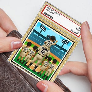 Tarjeta coleccionable familiar de béisbol personalizada con el número 1 de papá e hijos, tarjeta billetera personalizada con figura de papá deportista, regalo del Día del Padre para el esposo.