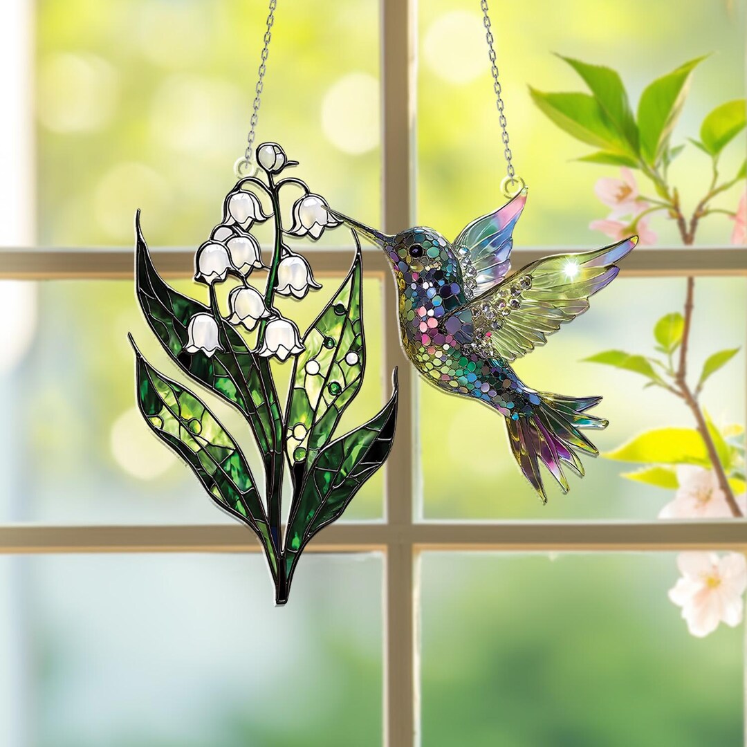 Acrylic 2D Flat Sparkling Hummingbird and Lily of the Valley Window ...