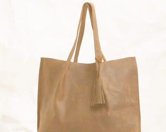Große Distressed Tan Ledertasche für Frauen, handgefertigter Vintage-Stil, Crazy Horse Leder