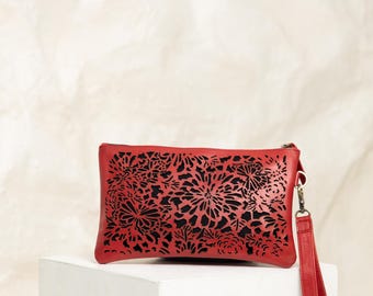 Women's leather clutch, red cut out pattern leather