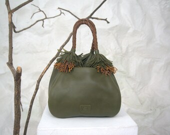 Small top handle leather bag for women, braided handmade strap, Green genuine cow leather