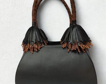 Small top handle leather bag for women, woven handmade strap, black genuine cow leather