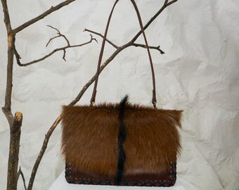 Small fur leather bag, primitive style, Brown leather, Woven handmade edge.