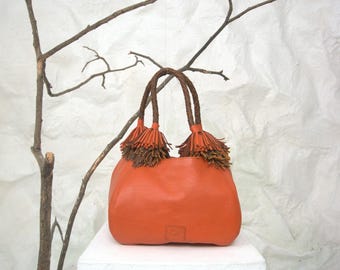 Small top handle leather bag for women, woven handmade strap, orange genuine cow leather
