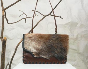 Small mix color fur leather bag, primitive style, Brown leather, Handmade Edge Detail,