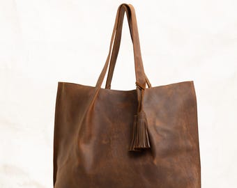 Große braune Distressed Ledertasche für Damen, handgefertigter Vintage-Stil, Crazy Horse Leder