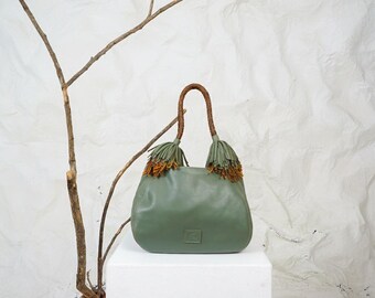 Mint Green Lamb Leather Top Handle Bag, Woven Strap