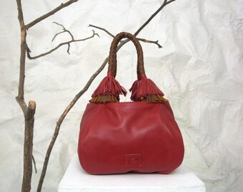Small top handle leather bag for women, woven handmade strap, Red genuine cow leather