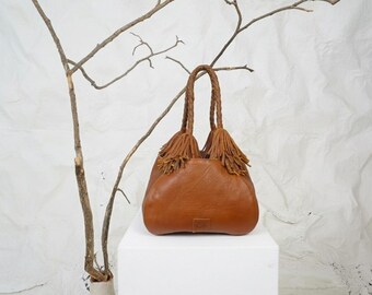 Small top handle leather bag for women, woven handmade strap, brown genuine cow leather