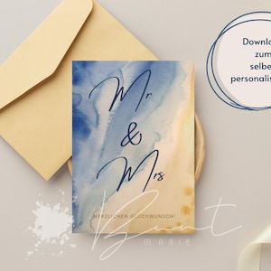 Hochzeitskarte, DIGITALER DOWNLOAD, Karte zur Hochzeit, selber gestalten, Hochzeitsgeschenk, Personalisiert, Aquarell Strand, Meer