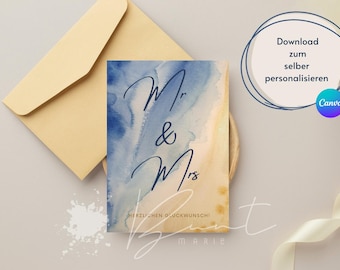 Wedding card, DIGITAL DOWNLOAD, wedding card, design yourself, wedding gift, personalized, watercolor beach, sea