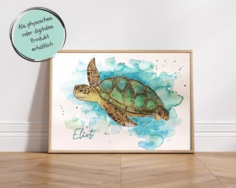 Impresión de acuarela de tortuga de Lea Kreusel, imagen para habitación infantil, personalizada, arte animal, ilustración, arte de pared, póster de animales, tortuga