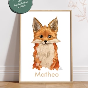 Fuchs Aquarell Druck von Lea Kreusel, Portrait, Tierkunst, Illustration, Wandkunst, Fuchs, Tierposter, Kinderzimmer Bild, Personalisiert