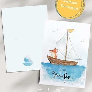 Biglietto di battesimo, DOWNLOAD DIGITALE, biglietto di battesimo ad acquerello, biglietto di battesimo PDF, regalo di battesimo, volpe, barca a vela, biglietto di battesimo per bambini, biglietto di battesimo per barca a vela