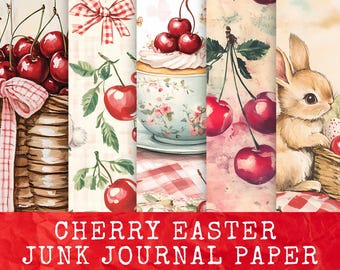 Vintage Watercolour Easter Cherries Junk Journal Pages, Digital Scrapbook - Bunny Paper Kit - Spring Printable, Playful Easter Digital Paper
