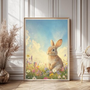 Benutzerdefinierte Vintage Osterhase Wildblumen Druck, druckbare Frühling Kaninchen Wandkunst, Bauernhaus Dekor, digitaler Download für Cottagecore Wohnkultur