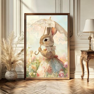 Benutzerdefinierte Osterhase Wildblumen Druck, süße Vintage Kaninchen Wandkunst, druckbare Frühling Dekor, digitaler Download für Bauernhaus Cottagecore Home