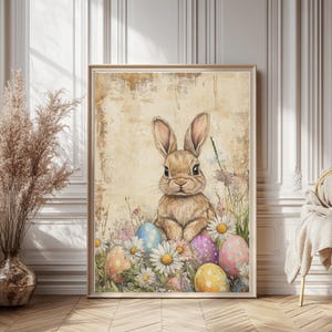 Rustikaler Vintage Osterhasen Print, druckbare Osterhasen Wandkunst, Bauernhaus Dekor, digitaler Download für Cottagecore Wohnkultur