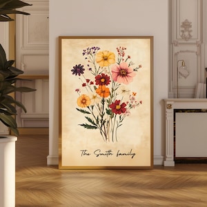 Stampa personalizzata di fiori di nascita per la famiglia, bouquet di fiori per mamma e nonna, regalo per la festa della mamma, stampa artistica da parete del mese di nascita, download digitale
