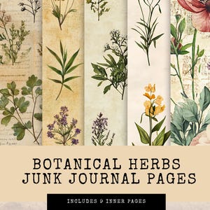 Vintage Botanical Digital Kit, Herbal Printable Pages, Junk Journal Ephemera, Aged Nature Scrapbook, Craft Supplies