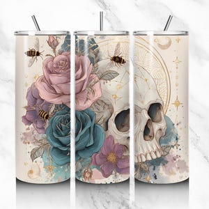 Skull Roses Hearts Tumbler Wrap, Gothic Skull 20 oz Skinny Straight Sublimation Tumbler Design, Spooky Skeleton PNG Digital Download